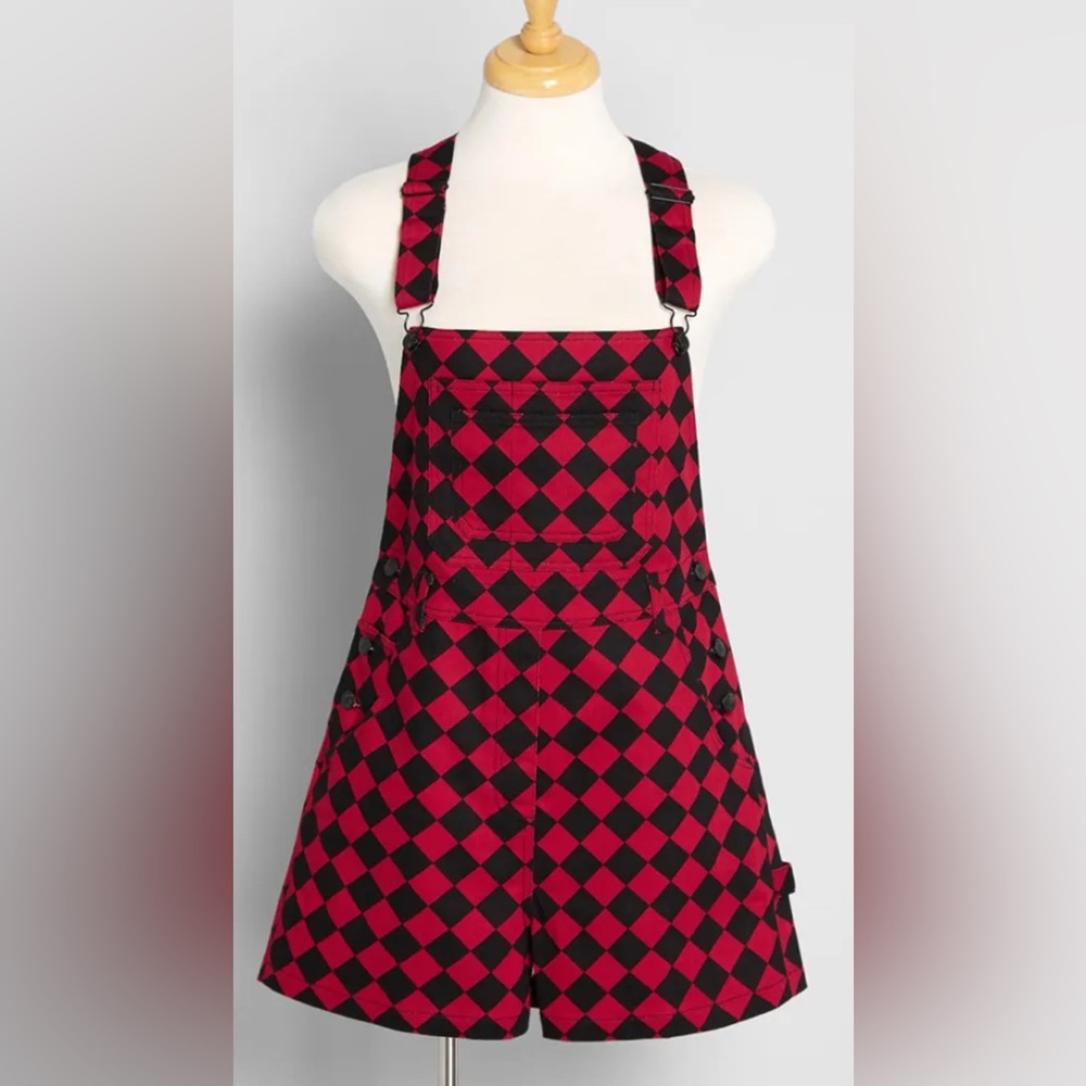 ModCloth Let’s Mosh It Out Red and Black Checkered Overall Shorts NWOT